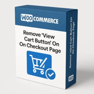 3D box image of a WooCommerce plugin that removes the View Cart button from the checkout page to improve conversions