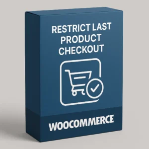 Restrict Last Product Checkout WooCommerce plugin displayed as a 3D software box