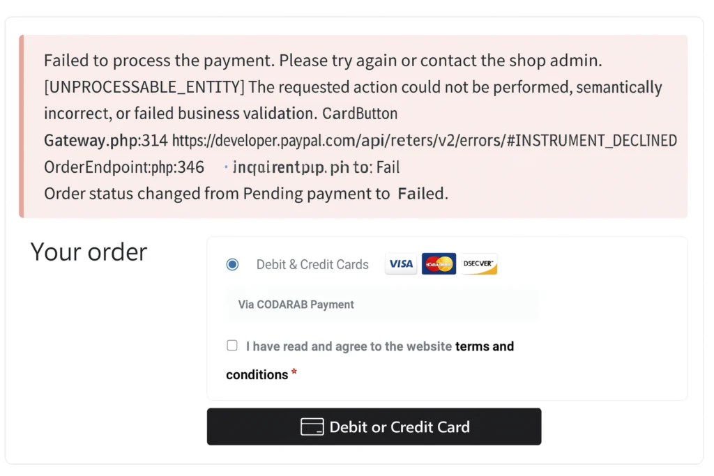 [UNPROCESSABLE_ENTITY] PayPal INSTRUMENT_DECLINED card payment error on checkout page with CODARAB Payment