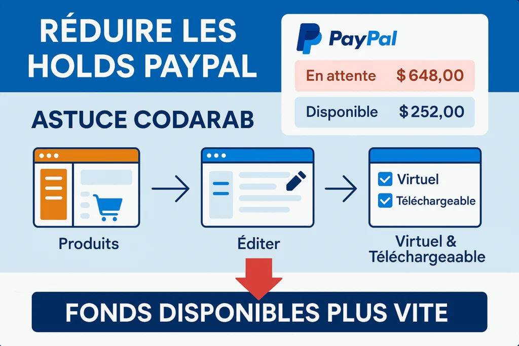 Réduire les holds PayPal avec CODARAB Pay sur WooCommerce en cochant produits virtuels et téléchargeables pour débloquer les fonds plus vite.