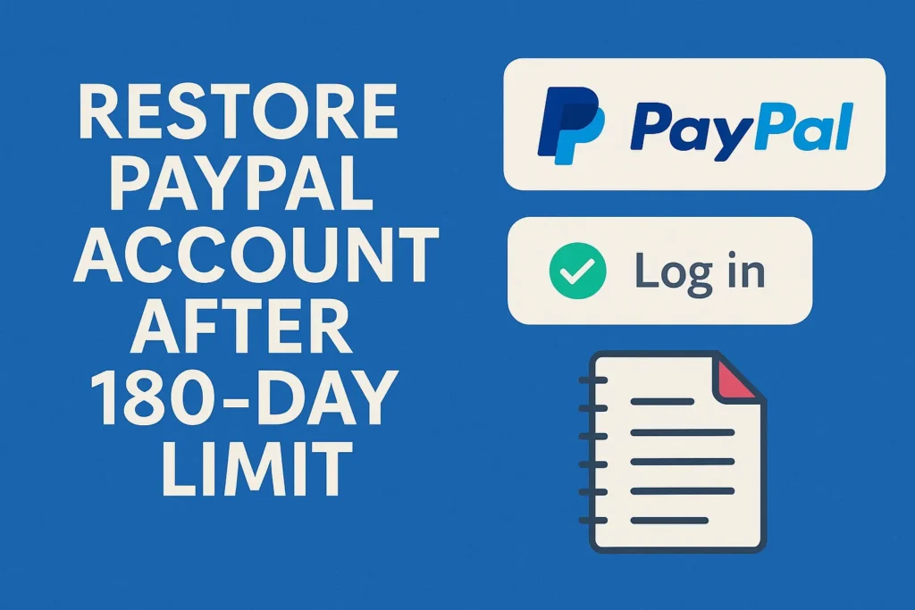 Professional featured image showing PayPal login, verification check, and recovery document — illustrating how to restore a PayPal account after the 180-day limit using the CODARAB Pay verified method.