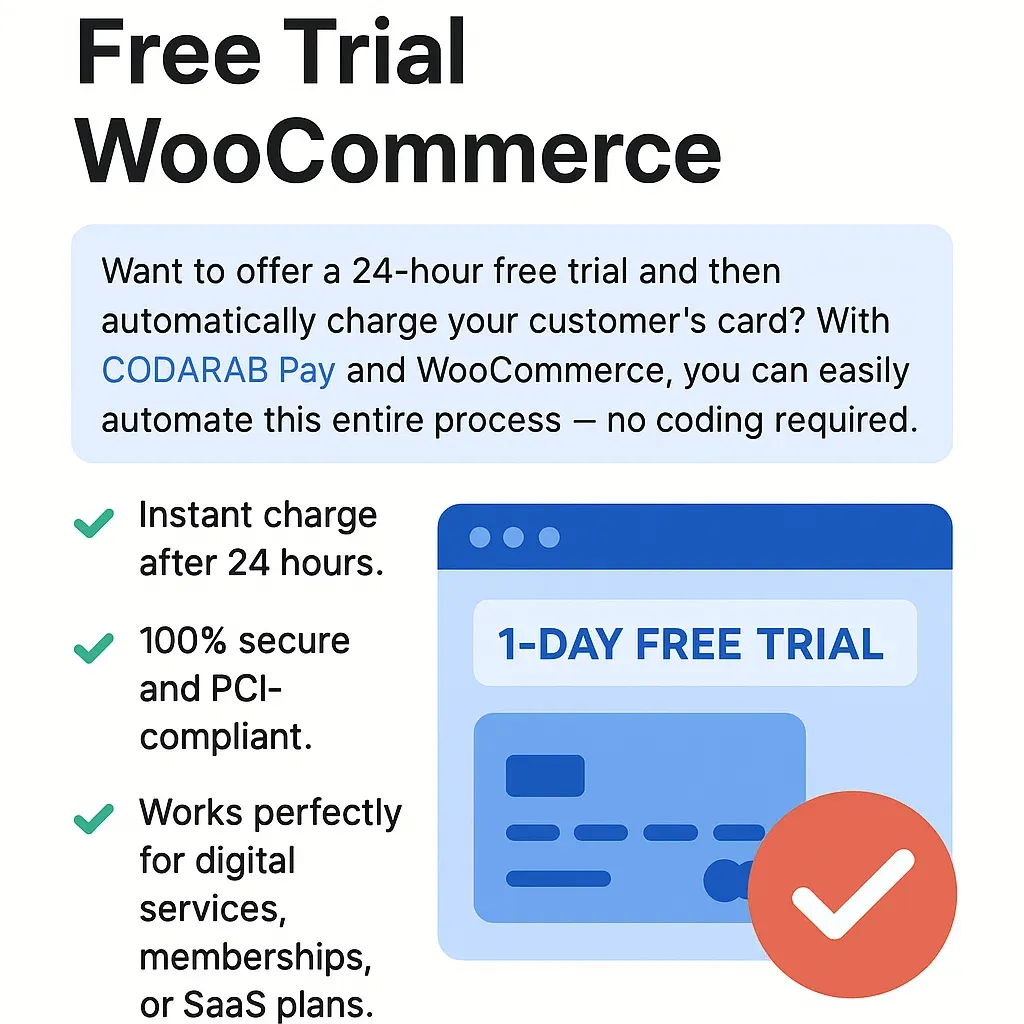 WooCommerce 24h free trial automatic card charge using CODARAB Pay gateway