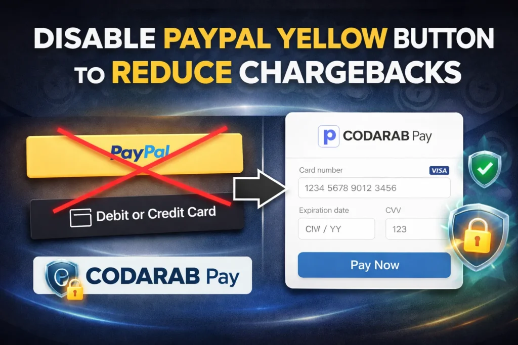 Disable PayPal yellow button to reduce chargebacks using CODARAB Pay secure WooCommerce payment solution.
