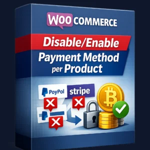 WooCommerce plugin box showing disable and enable payment methods per product to manage high risk payments