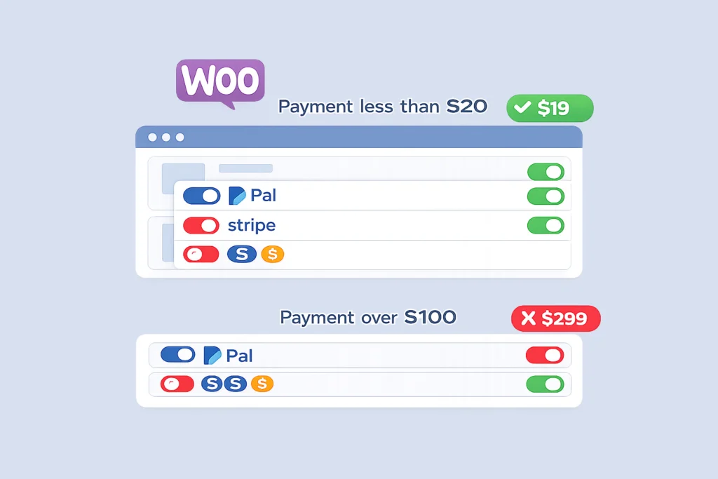 WooCommerce dashboard showing conditional payment methods by price with PayPal, Stripe, and crypto enabled or disabled