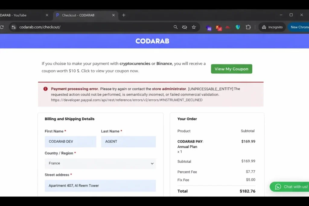 PayPal WooCommerce payment failed with INSTRUMENT_DECLINED error message